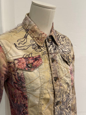 2001 Cavalli floral distressed double layer denim jacket
