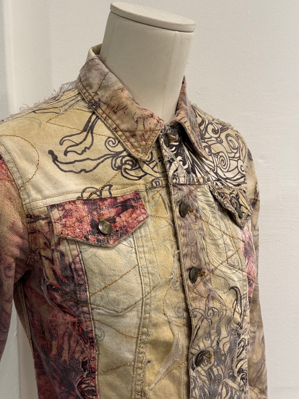 2001 Cavalli floral distressed double layer denim jacket