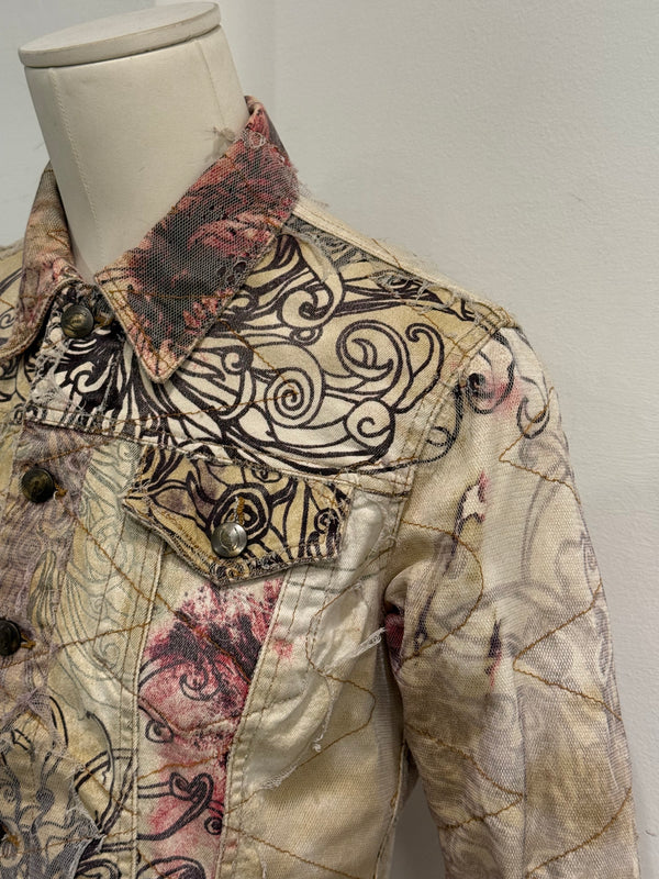 2001 Cavalli floral distressed double layer denim jacket