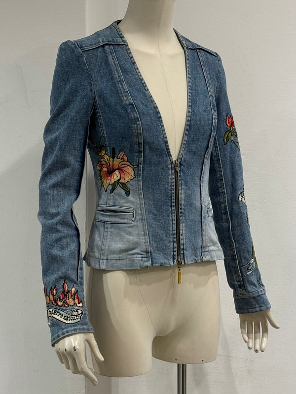 S/S2003 Roberto Cavalli tattoo embroidered denim jacket