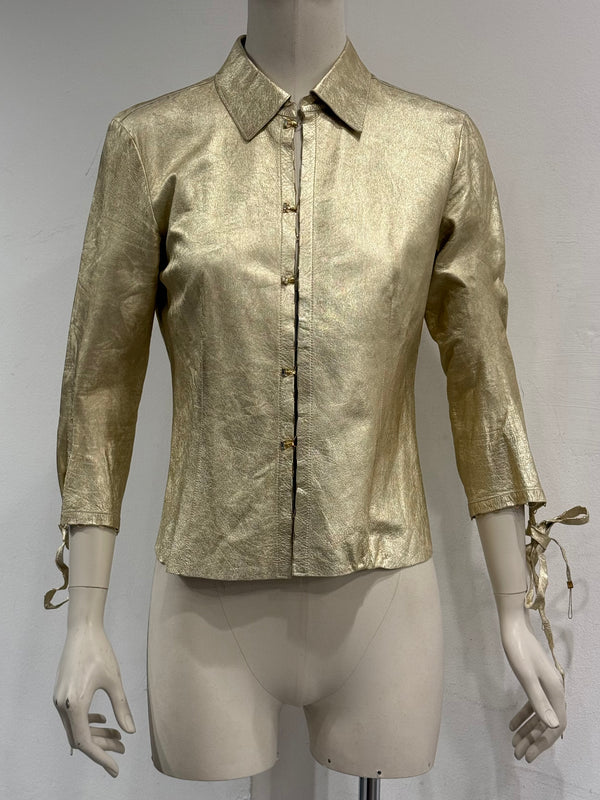 2000s Roberto Cavalli metallic gold leather shirt