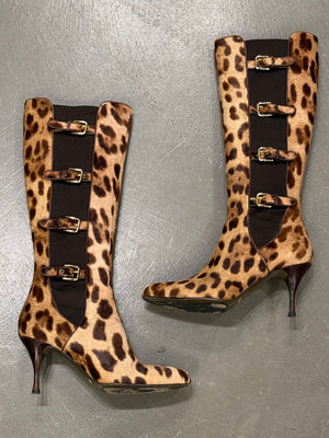 2000s Dolce & Gabbana pony hair leopard print buckle boots
