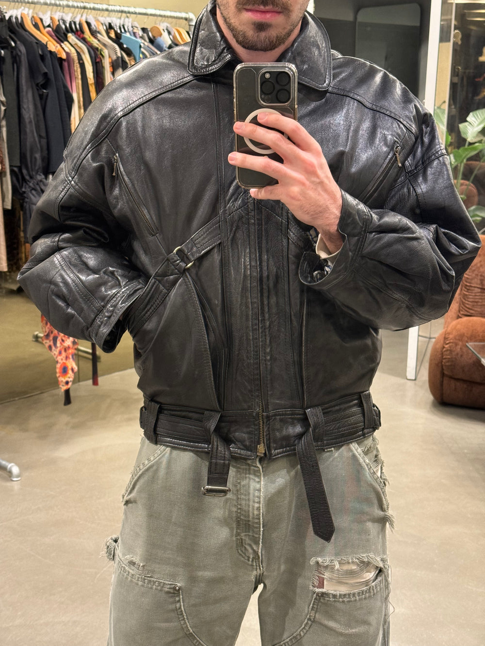 1980s Gianni Versace bondage leather bomber jacket