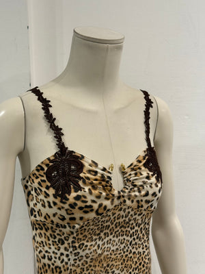 2000s Roberto Cavalli leopard print lace-trim dress
