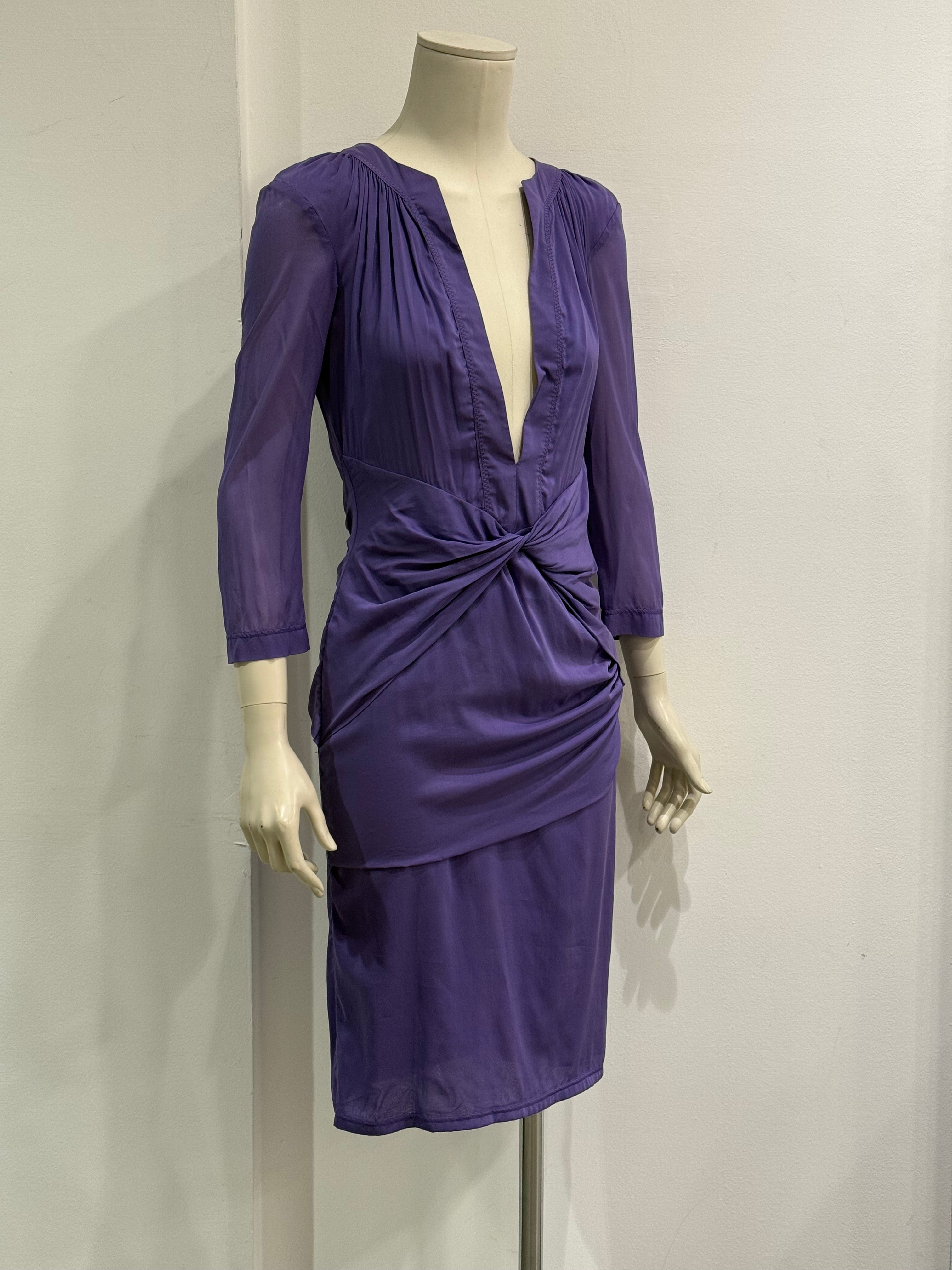 gucci purple dress 2004 Gucci by Tom Ford Pleated Purple Silk Bell Sleeve Cut-Out Dress