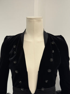 2022 Emporio Armani velvet napoleon jacket with feather trim