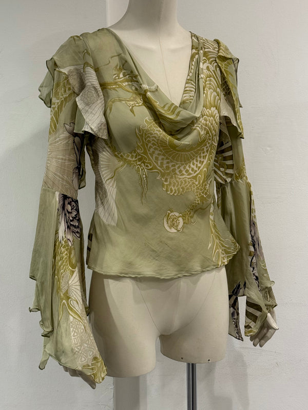 A/W2006 Roberto Cavalli dragon ruffle silk blouse top
