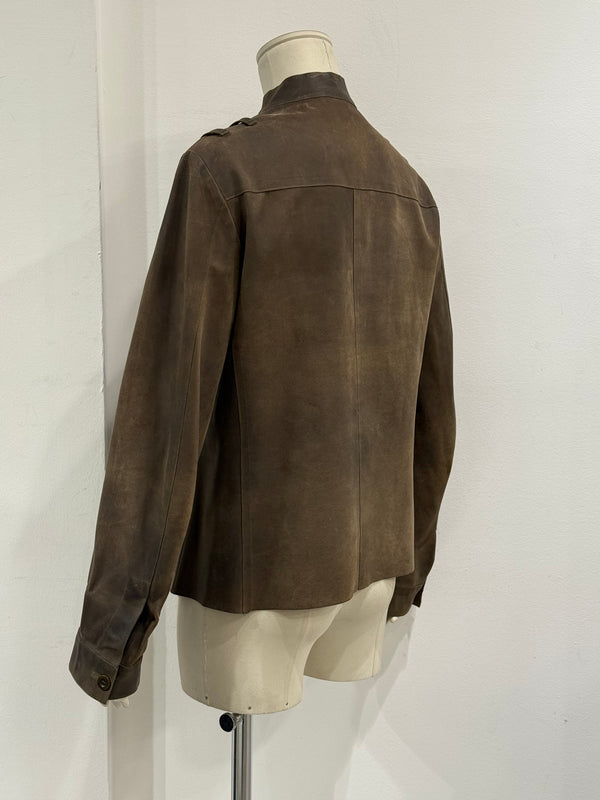 2000s Miu Miu burned distressed military leather jacket