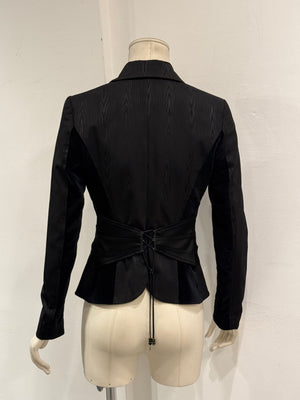 2000s Roberto Cavalli structured wood print blazer with corset detailing