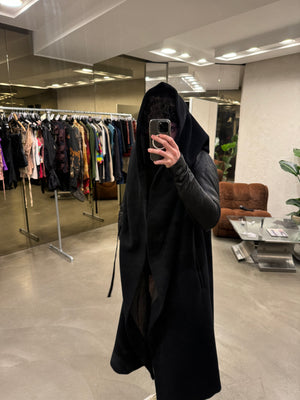 2000s Rick Owens giant hood coat with leather sleeves
