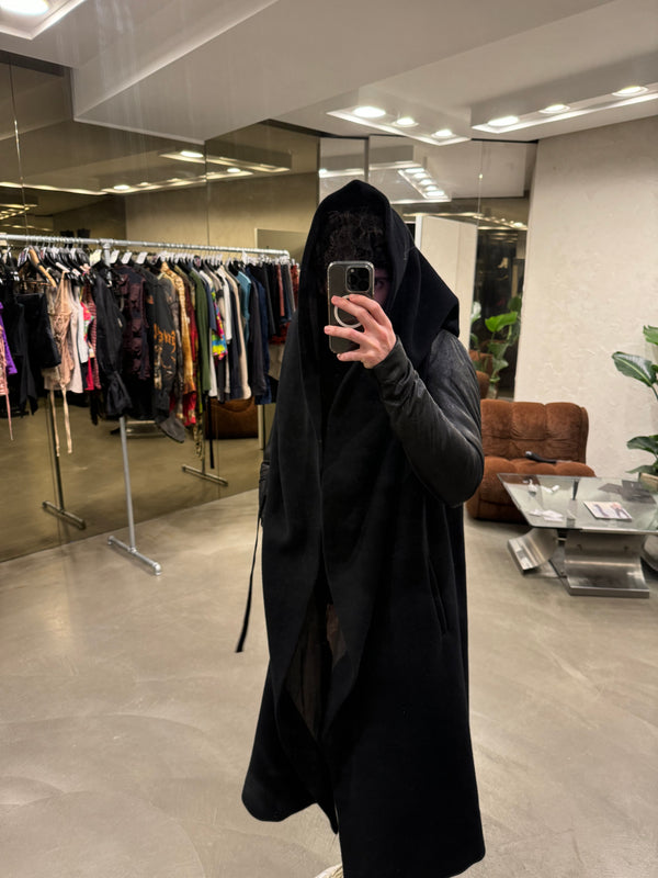 2000s Rick Owens giant hood coat with leather sleeves