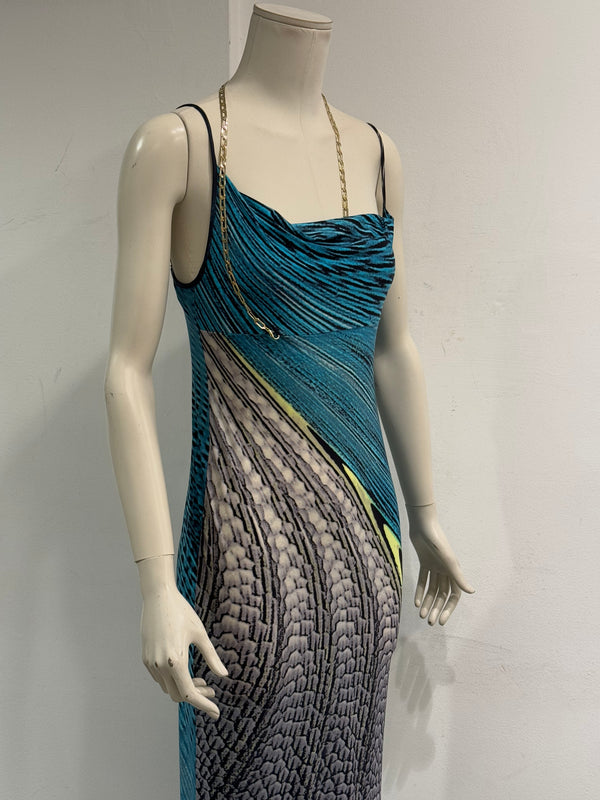 S/S2001 Roberto Cavalli Psychedelic print chain evening dress