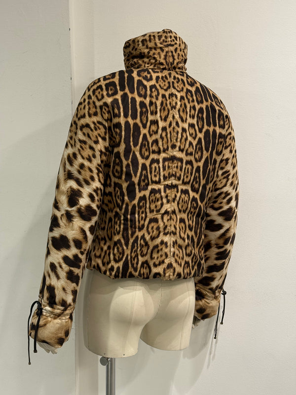2000s Roberto Cavalli leopard print silk puffer jacket with leather straps