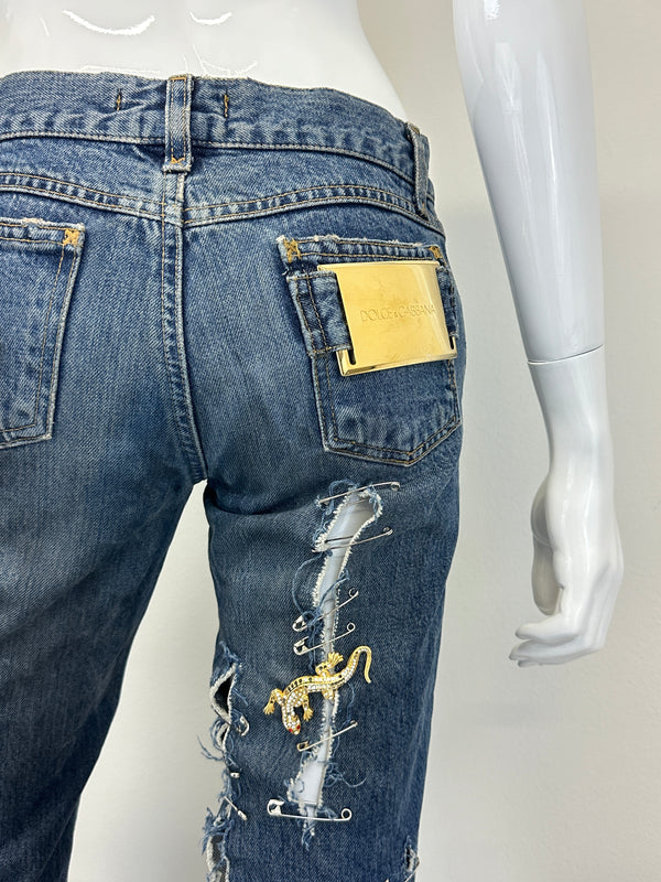 S/S 2001 Dolce & Gabbana safety pin punk jeans with broches