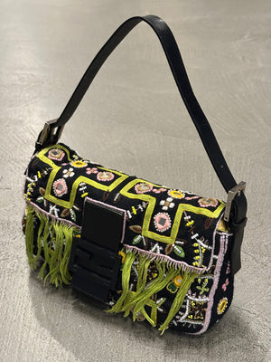 S/S1999 Fendi beaded fringe mirror-embellished baguette shoulder bag