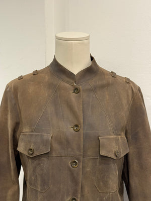 2000s Miu Miu burned distressed military leather jacket