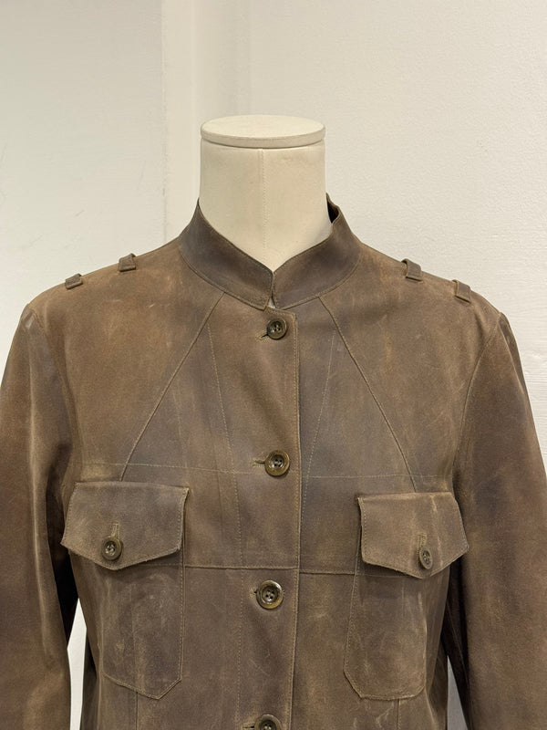 2000s Miu Miu burned distressed military leather jacket