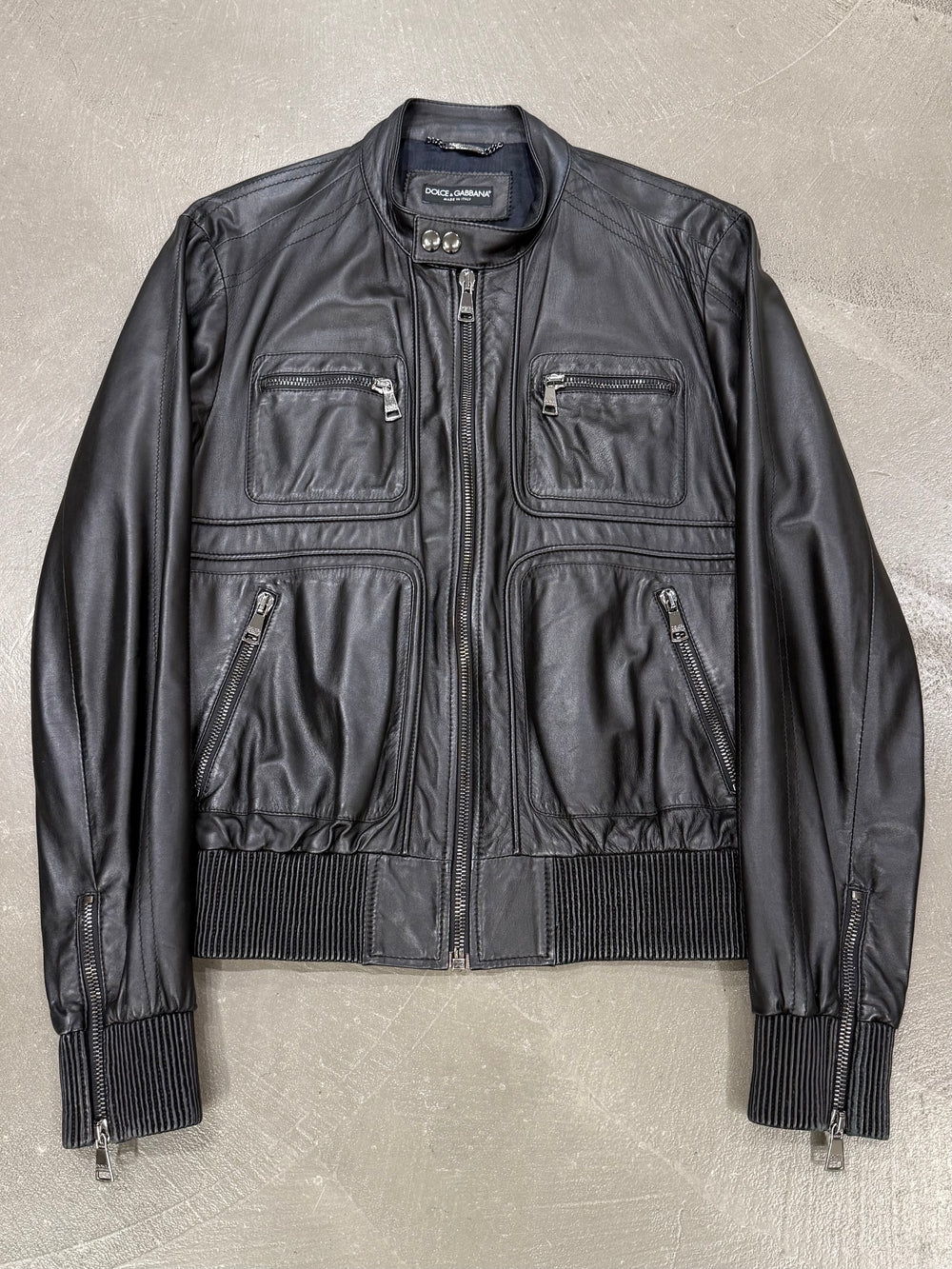 2000s Dolce & Gabbana leather bomber jacket with multiple zip pockets