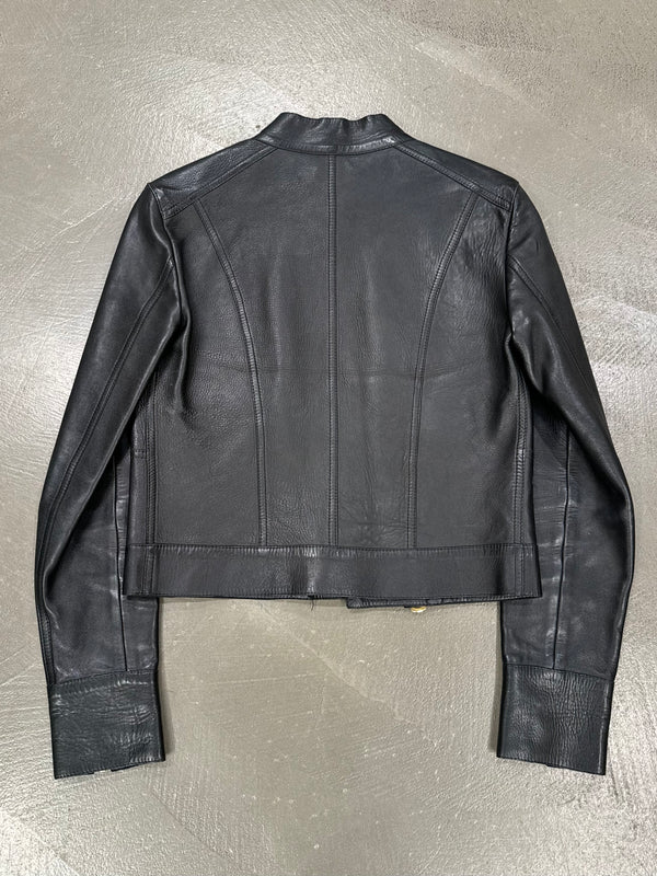 S/S1999 Gucci by Tom Ford fitted black biker leather jacket with gold accents