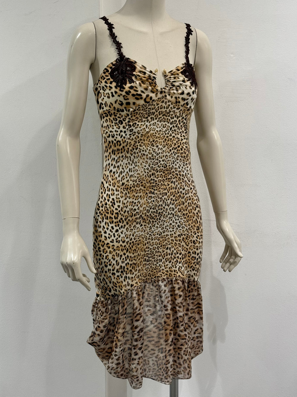 2000s Roberto Cavalli leopard print lace-trim dress