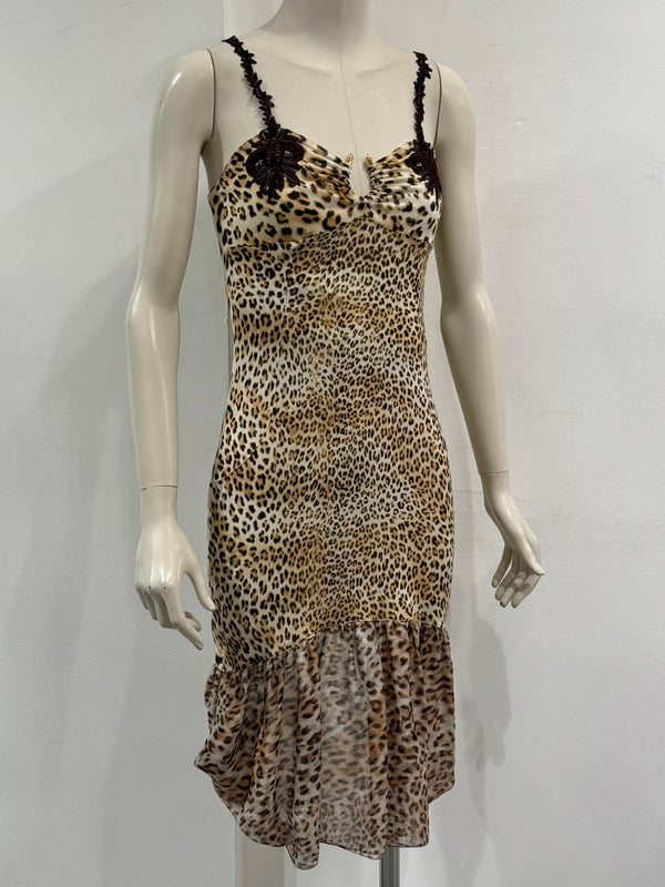 2000s Roberto Cavalli leopard print lace-trim dress