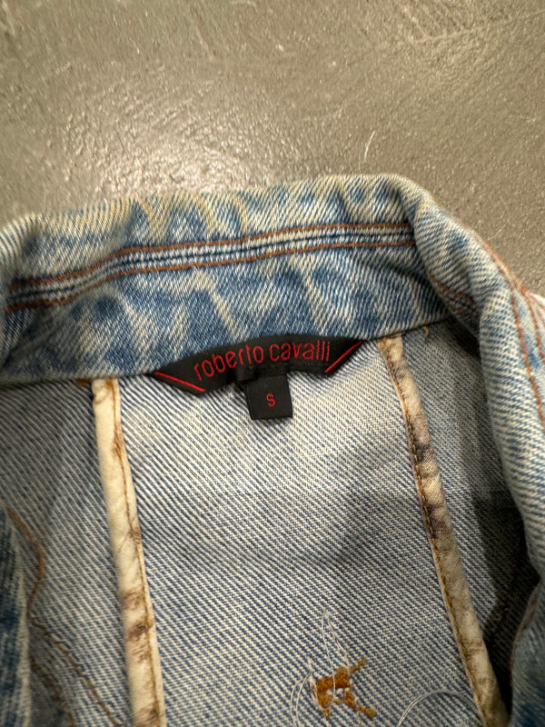2000s Roberto Cavalli mainline paneled biker denim jacket