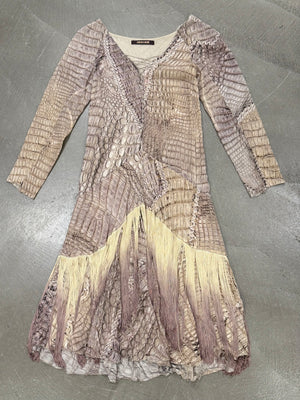 S/S2011 Roberto Cavalli silk crocodile print lace-up fringe dress