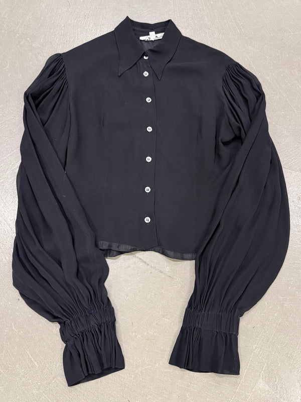 1990s Dolce & Gabbana black silk blouse with sheer sleeve