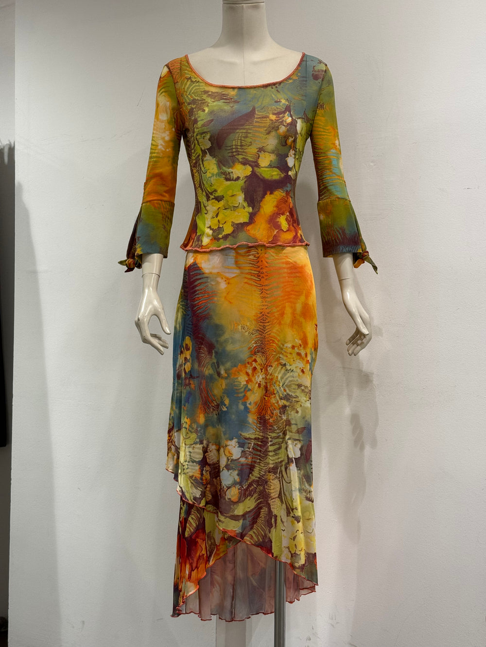 2000s Roberto Cavalli floral mesh top and skirt set