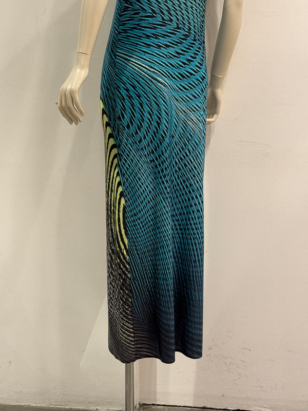 S/S2001 Roberto Cavalli Psychedelic print chain evening dress