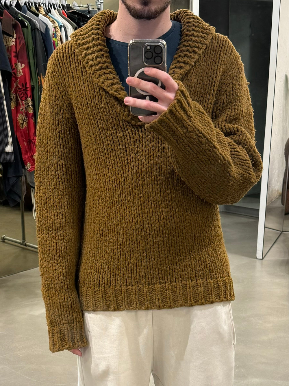 1990s Maison Margiela Miss Deanna Heavy Knit Shawl Collar Sweater