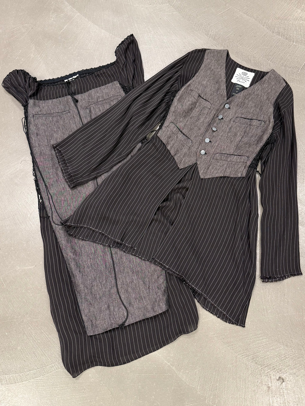1990s Jean Paul Gaultier deconstructed pinstripe top skirt set
