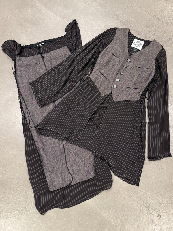 1990s Jean Paul Gaultier deconstructed pinstripe top skirt set