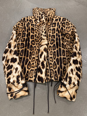 2000s Roberto Cavalli leopard print silk puffer jacket with leather straps