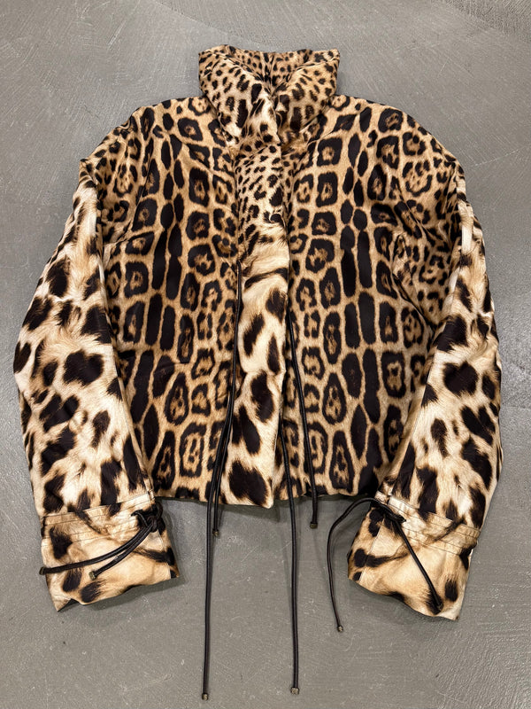 2000s Roberto Cavalli leopard print silk puffer jacket with leather straps