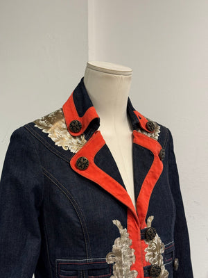 2000s Cavalli floral tapestry printed cropped denim jacket