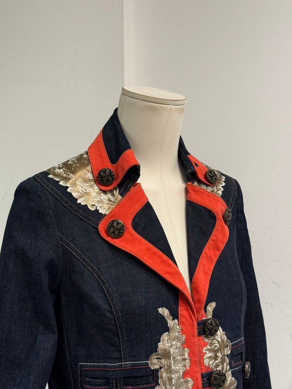 2000s Cavalli floral tapestry printed cropped denim jacket
