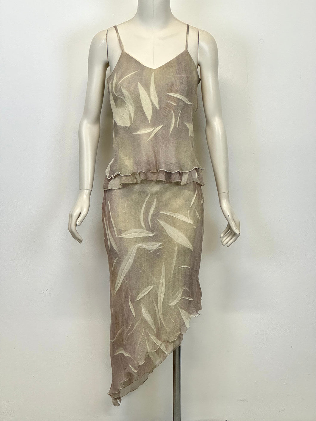 2000s Roberto Cavalli leaf wrinkle set top + skirt