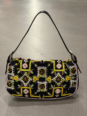 S/S1999 Fendi beaded fringe mirror-embellished baguette shoulder bag