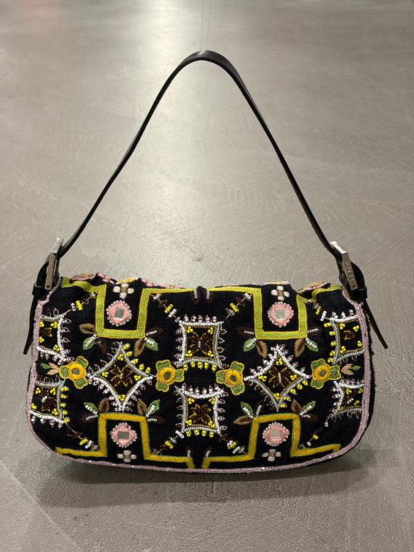 S/S1999 Fendi beaded fringe mirror-embellished baguette shoulder bag