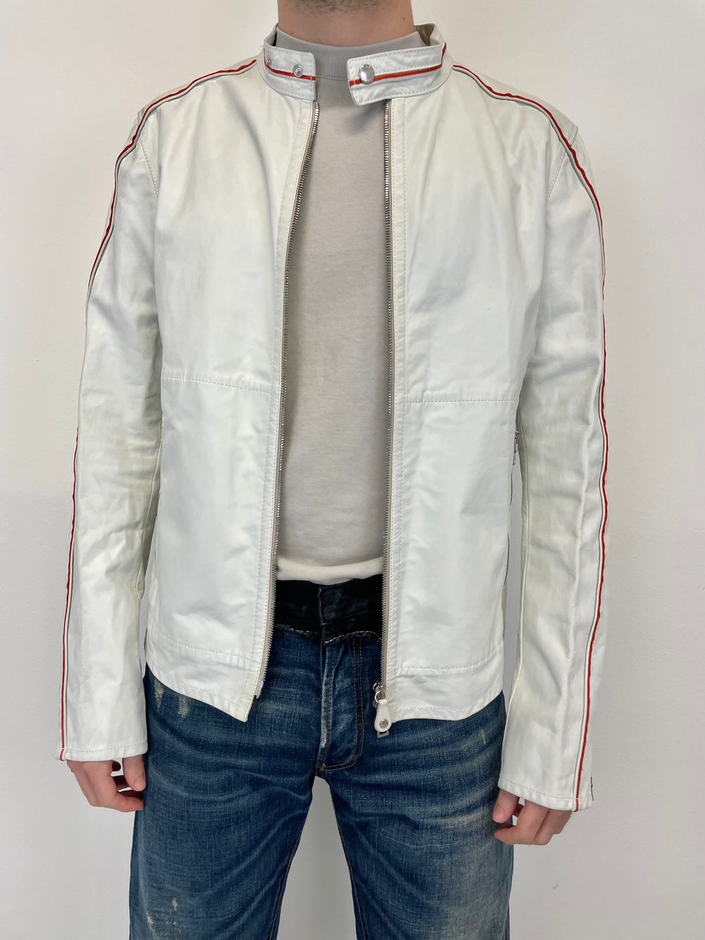 2000s Prada Red Line moto white leather jacket