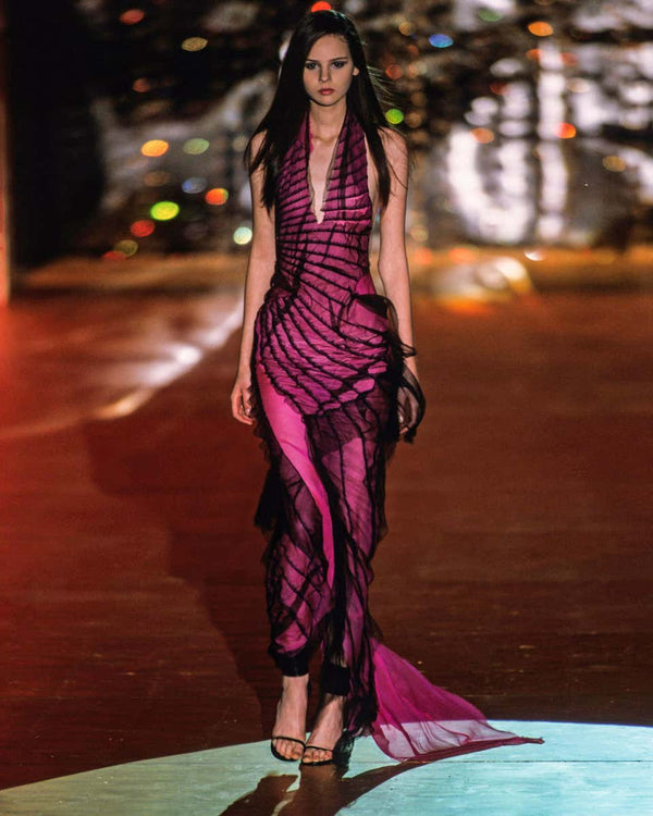 S/S2001 Roberto Cavalli runway distressed silk halter evening dress