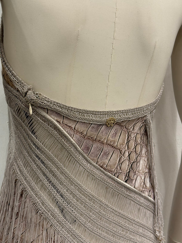 S/S2011 Roberto Cavalli crocodile print fringe halter mini dress