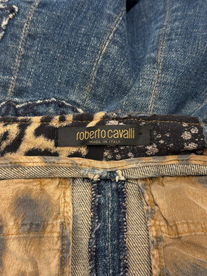F/W2002 Roberto Cavalli floral tattoo embroidered denim skirt
