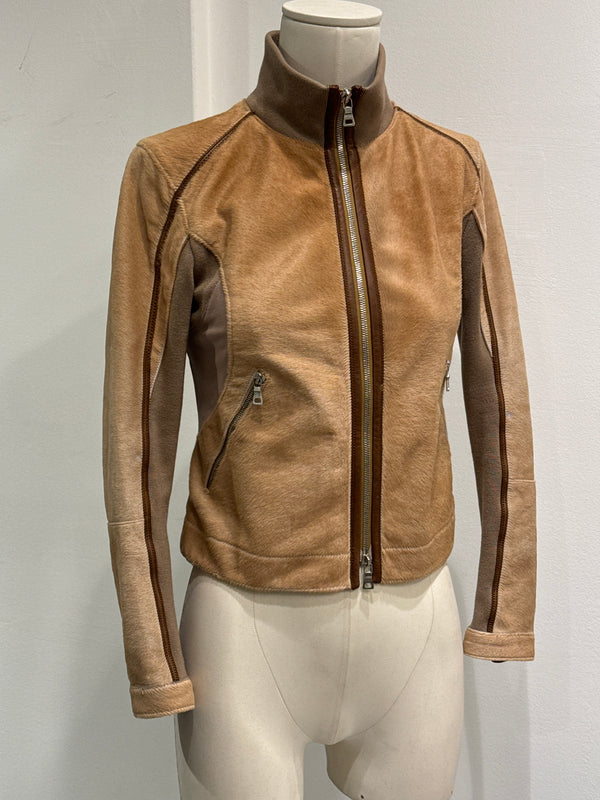 2000s Prada pony hair hybrid leather biker jacket