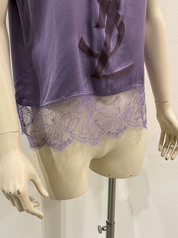 2000s Yves Saint Laurent by Tom Ford logo lace hem silk top