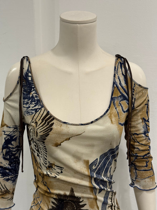 2000s Roberto Cavalli geometric open shoulder long dress