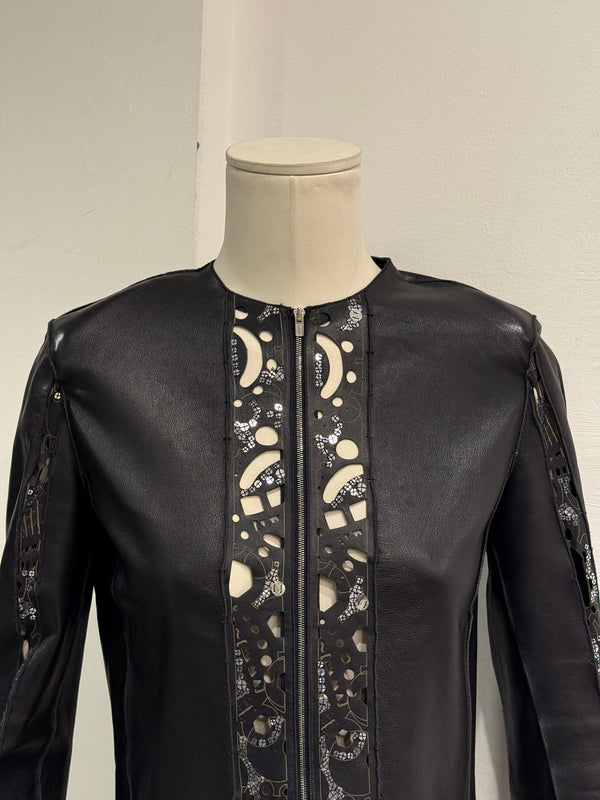 2000s Fendi collarless laser-cut leather jacket