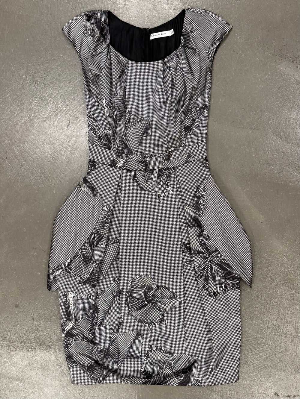 2000s Christian Dior Houndstooth silk dress with floral Appliqué