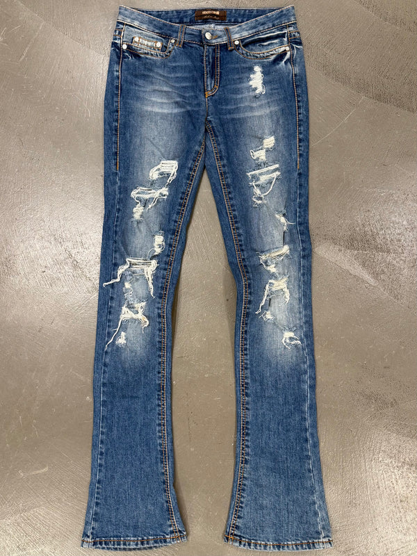 2000s Roberto Cavalli distressed flared slim jeans
